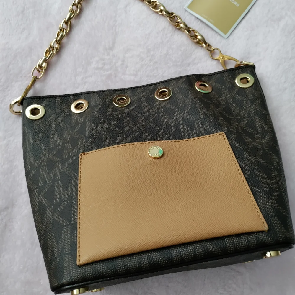 ✨NEW MICHAEL KORS BUCKET BAG MONOGRAM MK BROWN GOLD CHAIN✨ - Picture 7 of 7